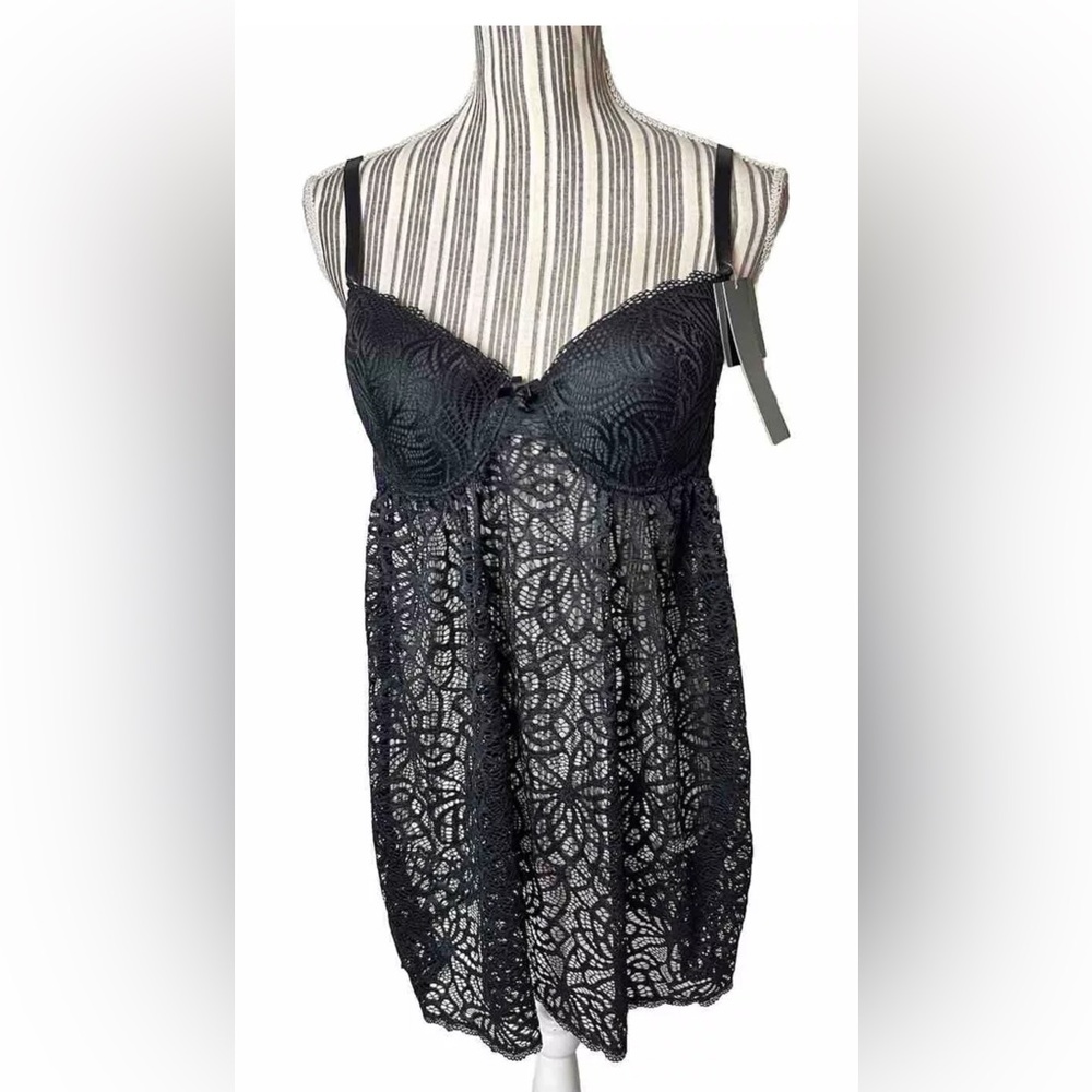 Daisy Fuentes Lace & Mesh Baby Doll & Panty Lingerie Sleepwear Black XL